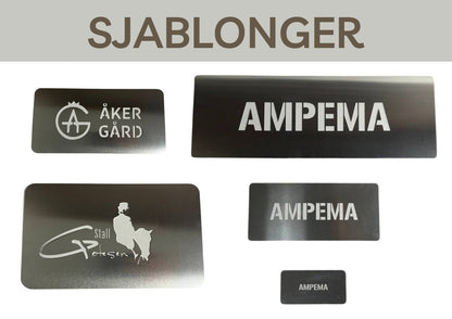 Eksempler på metallsjablonger med ulike firmalogoer og størrelser